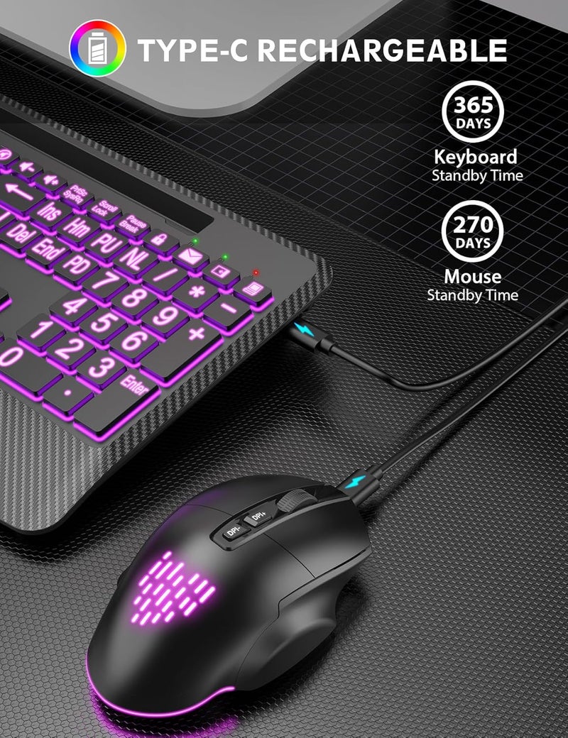 SABLUTE Wireless Keyboard and Mouse Backlits, Wrist Rest, LED Mouse, Rechargeable Ergonomic Keyboard with Phone Holder, Silent Light Up Combo for Computer, Mac, PC, Laptop, Chromebook (Black Large Print) - Image 5
